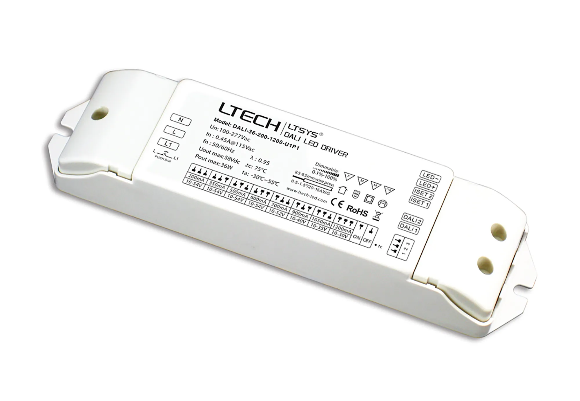 DALI Push Dim PWM 2-36W Current Dimmable Driver DC:10-54V DALI-36-200-1200-U1P1  LTECH Dali Constant Current
